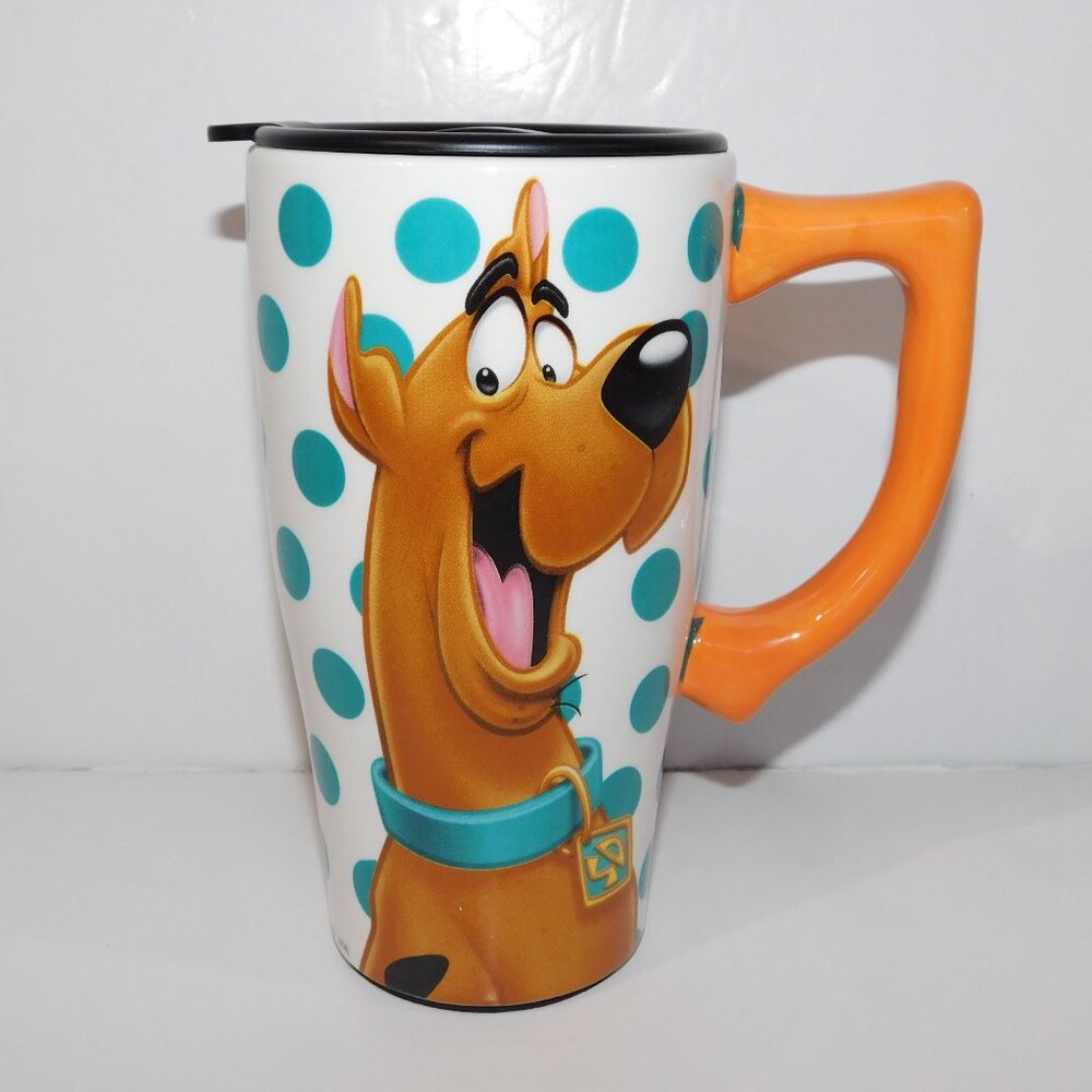 Scooby Doo Teal White Polka Dot Ceramic Travel Mug Tumbler 18 oz Hot Cold Coffee - Picture 4 of 6